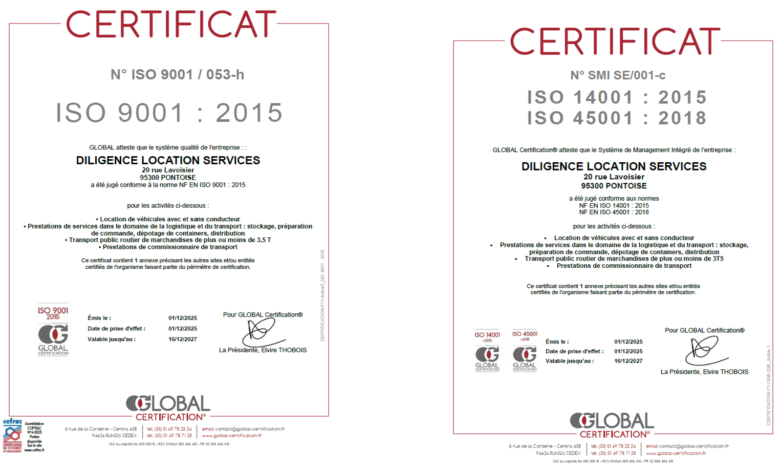 Certificats GLOBAL Certification – ISO 9001:2015 et ISO 14001:2015 / ISO 45001:2018 – DLS, valables jusqu'au 16/12/2027