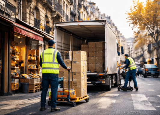 Distribution urbaine DLS – livraison en centre-ville, équipe et camion