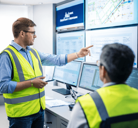Opérateurs analysant des données sur des écrans de contrôle dans un centre de supervision logistique