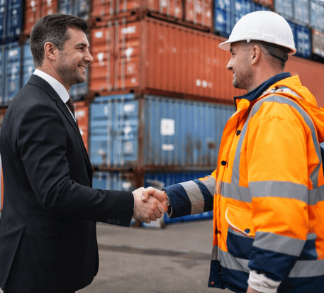 Partenariat – poignée de main entre un professionnel et un opérateur terrain devant des conteneurs