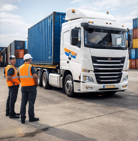 Transport sécurisé de conteneurs – tracteur et équipe en tenue de sécurité